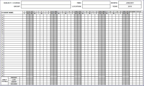 attendance calendar template