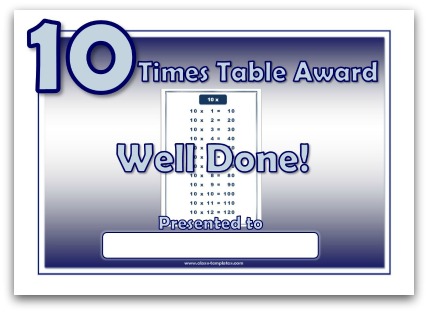 10 times table award certificate template