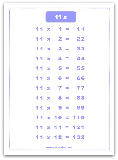 11 times table multiplication chart