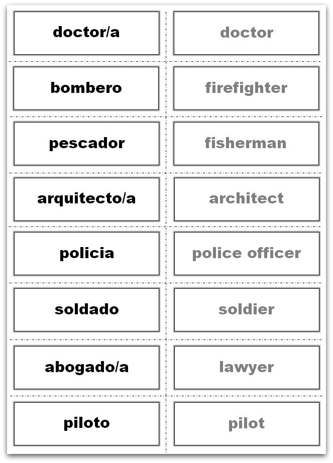 Example of how the 8x2 template has been used to create Vocabulary Flash Cards for a Spanish class
