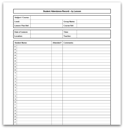 Click here to download the Printable Lesson Attendance Sheet