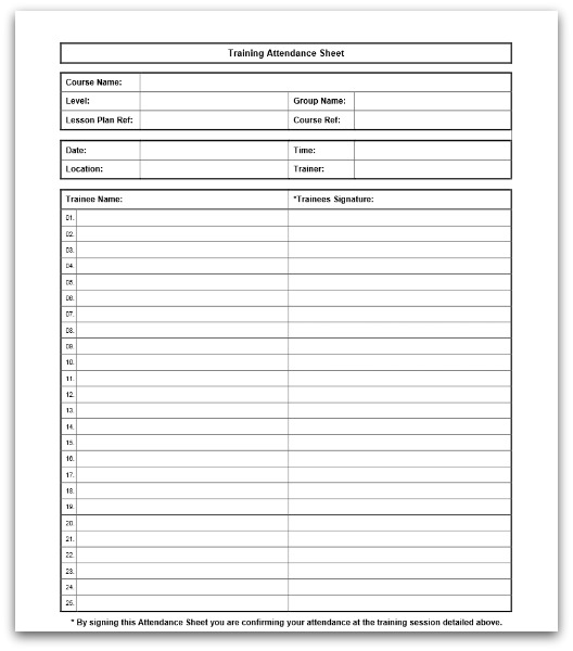Printable Attendance Sheet For Trainers And Instructors