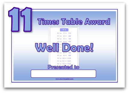 11 times table award certificate