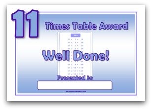 11 times table award certificate template