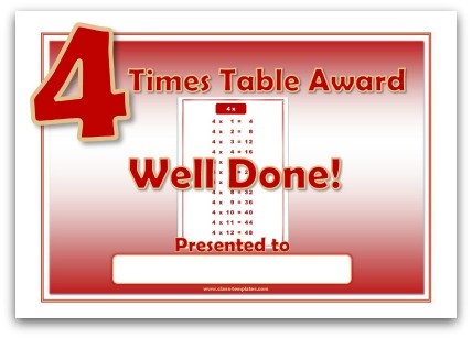 4 times table award certificate