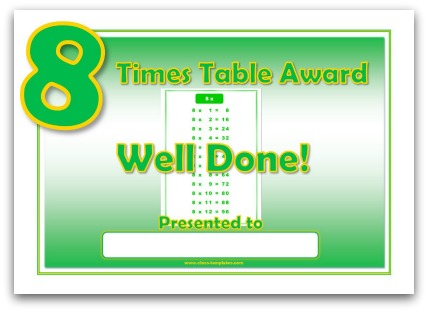 8 times table award certificate