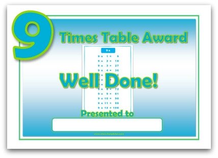 9 times table award certificate