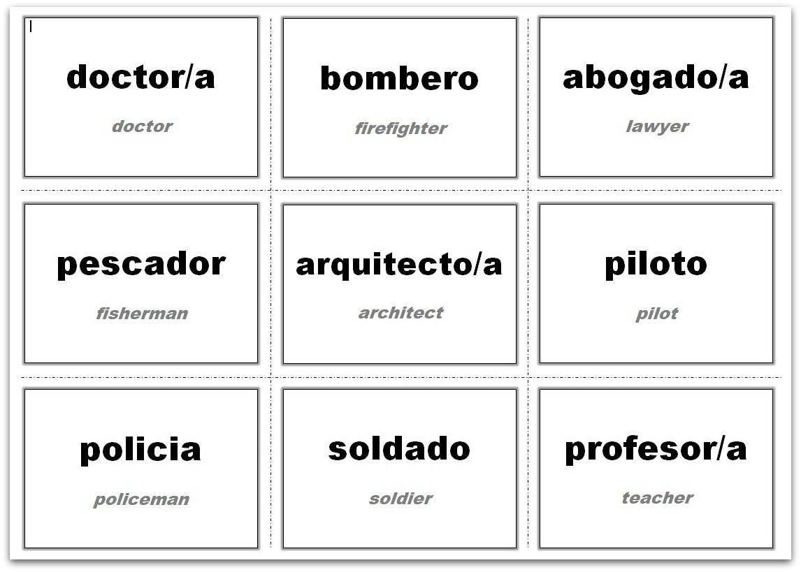 Example of how the Vocabulary Flash Cards 3x3 Template has been used for Spanish lessons