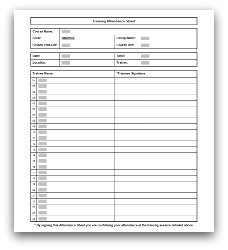 Training Attendance Form in MS Word format